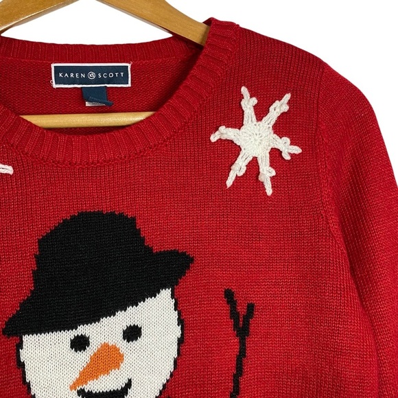 Karen Scott Red Knit Sweater Snowman Snowflake Embellishment Small S - Picture 9 of 13